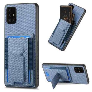 For Samsung Galaxy A21s Carbon Fiber Fold Stand Elastic Card Bag Phone Case(Blue)