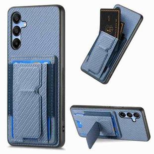 For Samsung Galaxy A12 5G Carbon Fiber Fold Stand Elastic Card Bag Phone Case(Blue)