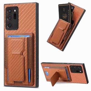 For Samsung Galaxy Note20 Ultra Carbon Fiber Fold Stand Elastic Card Bag Phone Case(Brown)