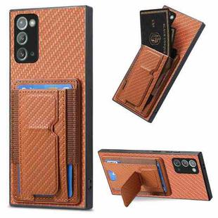 For Samsung Galaxy Note20 Carbon Fiber Fold Stand Elastic Card Bag Phone Case(Brown)