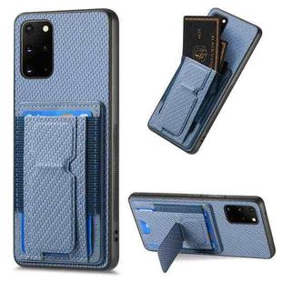 For Samsung Galaxy S20+ Carbon Fiber Fold Stand Elastic Card Bag Phone Case(Blue)