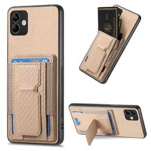 For Samsung Galaxy F62/M62 Carbon Fiber Fold Stand Elastic Card Bag Phone Case(Khaki)