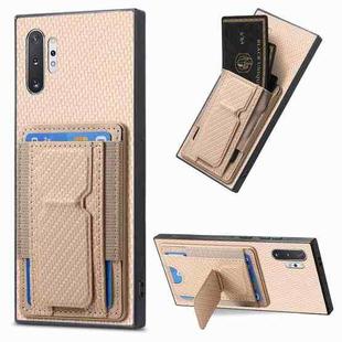 For Samsung Galaxy Note10+ Carbon Fiber Fold Stand Elastic Card Bag Phone Case(Khaki)