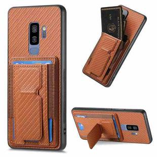 For Samsung Galaxy S9+ Carbon Fiber Fold Stand Elastic Card Bag Phone Case(Brown)