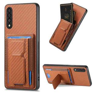 For Samsung Galaxy A10 Carbon Fiber Fold Stand Elastic Card Bag Phone Case(Brown)