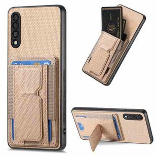 For Samsung Galaxy A10 Carbon Fiber Fold Stand Elastic Card Bag Phone Case(Khaki)