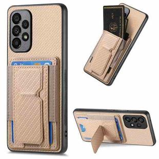 For Samsung Galaxy M23 5G Carbon Fiber Fold Stand Elastic Card Bag Phone Case(Khaki)
