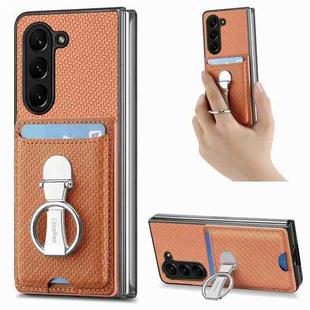 For Samsung Galaxy Z Fold6 5G Carbon Fiber Card Wallet Fold Ring Holder Phone Case(Brown)