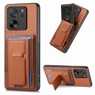 For Xiaomi 13T Carbon Fiber Fold Stand Elastic Card Bag Phone Case(Brown)