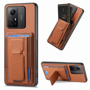 For Xiaomi Redmi Note 12S Carbon Fiber Fold Stand Elastic Card Bag Phone Case(Brown)