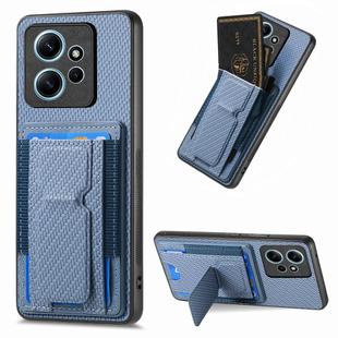 For Xiaomi Redmi Note 12 4G Carbon Fiber Fold Stand Elastic Card Bag Phone Case(Blue)