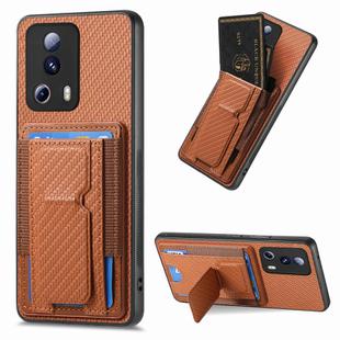 For Xiaomi Redmi Note 12 Turbo Carbon Fiber Fold Stand Elastic Card Bag Phone Case(Brown)