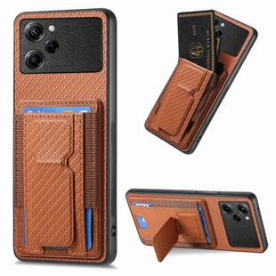 For Xiaomi Poco X5 Pro Carbon Fiber Fold Stand Elastic Card Bag Phone Case(Brown)