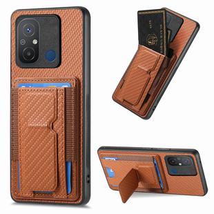 For Xiaomi Redmi 12C Carbon Fiber Fold Stand Elastic Card Bag Phone Case(Brown)