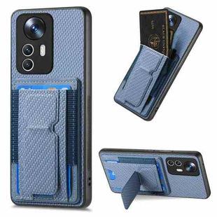 For Xiaomi 12T Pro Carbon Fiber Fold Stand Elastic Card Bag Phone Case(Blue)