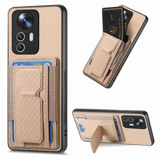 For Xiaomi 12T Pro Carbon Fiber Fold Stand Elastic Card Bag Phone Case(Khaki)