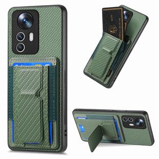 For Xiaomi 12T Pro Carbon Fiber Fold Stand Elastic Card Bag Phone Case(Green)