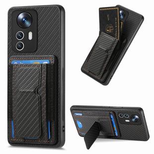 For Xiaomi 12T Carbon Fiber Fold Stand Elastic Card Bag Phone Case(Black)