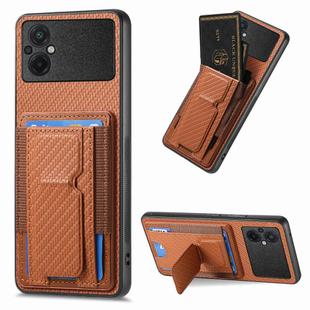 For Xiaomi Poco M5 4G Carbon Fiber Fold Stand Elastic Card Bag Phone Case(Brown)