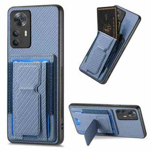 For Xiaomi Redmi K50 Ultra Carbon Fiber Fold Stand Elastic Card Bag Phone Case(Blue)