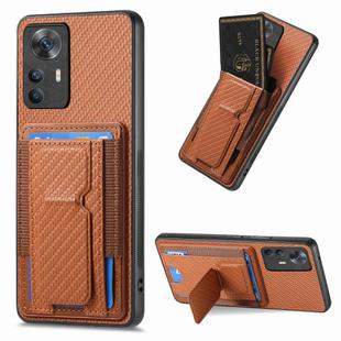For Xiaomi Redmi K50 Ultra Carbon Fiber Fold Stand Elastic Card Bag Phone Case(Brown)