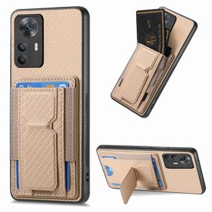 For Xiaomi Redmi K50 Ultra Carbon Fiber Fold Stand Elastic Card Bag Phone Case(Khaki)