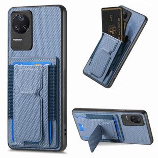 For Xiaomi Redmi K40S Carbon Fiber Fold Stand Elastic Card Bag Phone Case(Blue)