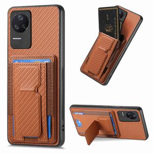 For Xiaomi Redmi K40S Carbon Fiber Fold Stand Elastic Card Bag Phone Case(Brown)