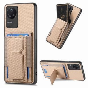 For Xiaomi Redmi K40S Carbon Fiber Fold Stand Elastic Card Bag Phone Case(Khaki)