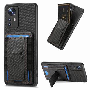 For Xiaomi 12 Carbon Fiber Fold Stand Elastic Card Bag Phone Case(Black)