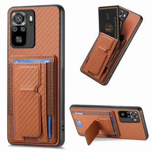 For Xiaomi Redmi 10 Carbon Fiber Fold Stand Elastic Card Bag Phone Case(Brown)