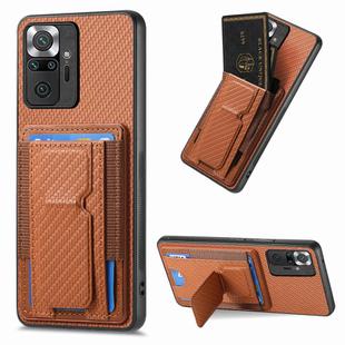 For Xiaomi Redmi Note 10 Pro 5G Carbon Fiber Fold Stand Elastic Card Bag Phone Case(Brown)