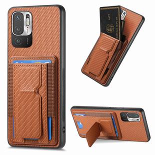 For Xiaomi Redmi Note 10 5G Carbon Fiber Fold Stand Elastic Card Bag Phone Case(Brown)