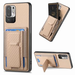 For Xiaomi Redmi Note 10 5G Carbon Fiber Fold Stand Elastic Card Bag Phone Case(Khaki)