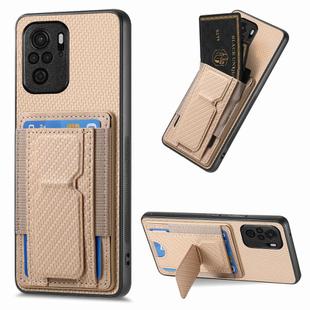 For Xiaomi Redmi Note 10 4G Carbon Fiber Fold Stand Elastic Card Bag Phone Case(Khaki)