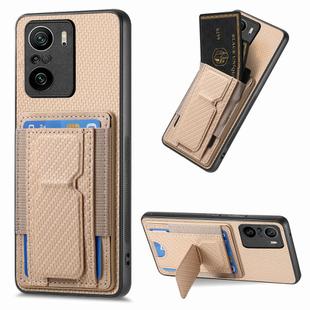 For Xiaomi Redmi K40 Carbon Fiber Fold Stand Elastic Card Bag Phone Case(Khaki)