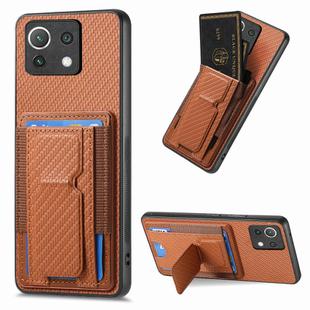 For Xiaomi Mi 11 Carbon Fiber Fold Stand Elastic Card Bag Phone Case(Brown)