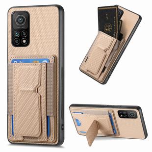 For Xiaomi Mi 10T 5G Carbon Fiber Fold Stand Elastic Card Bag Phone Case(Khaki)