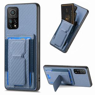 For Xiaomi Mi 10T Pro Carbon Fiber Fold Stand Elastic Card Bag Phone Case(Blue)