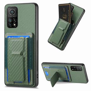 For Xiaomi Mi 10T Pro Carbon Fiber Fold Stand Elastic Card Bag Phone Case(Green)
