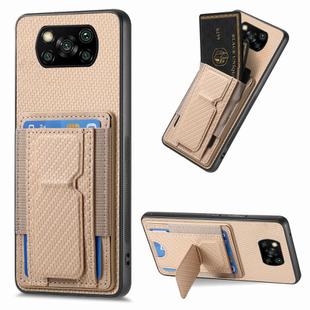 For Xiaomi Poco X3 NFC Carbon Fiber Fold Stand Elastic Card Bag Phone Case(Khaki)