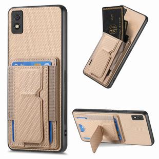 For Xiaomi Redmi 9A Carbon Fiber Fold Stand Elastic Card Bag Phone Case(Khaki)