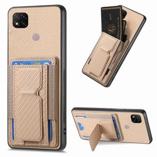 For Xiaomi Redmi 9C Carbon Fiber Fold Stand Elastic Card Bag Phone Case(Khaki)