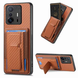 For Xiaomi Mi 11T / 11T Pro Carbon Fiber Fold Stand Elastic Card Bag Phone Case(Brown)