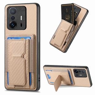 For Xiaomi Mi 11T / 11T Pro Carbon Fiber Fold Stand Elastic Card Bag Phone Case(Khaki)