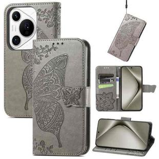 For Huawei Pura 70 Pro Butterfly Love Flower Embossed Leather Phone Case(Gray)