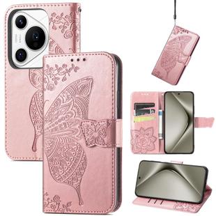 For Huawei Pura 70 Ultra Butterfly Love Flower Embossed Leather Phone Case(Rose Gold)