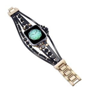 For Apple Watch Series 7 45mm Beaded National Style Bracelet Crystal Watch Band(Black)