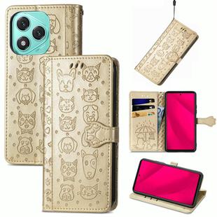 For Honor 400 Lite Cat and Dog Embossed Leather Phone Case(Gold)