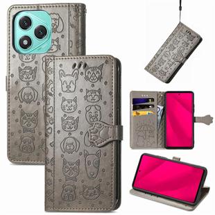 For Honor 400 Lite Cat and Dog Embossed Leather Phone Case(Gray)